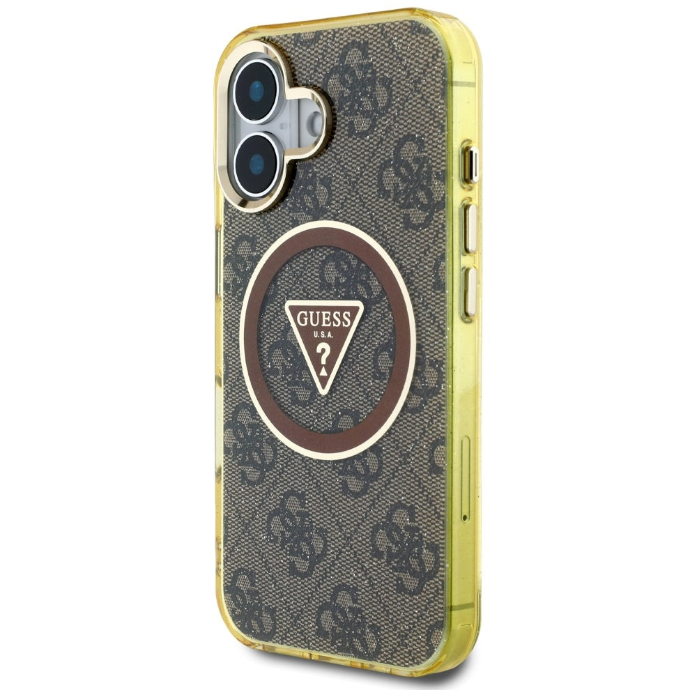 Custodia MagSafe per Apple iPhone 16, Guess, IML Glitter 4G Circle Triangle, Marrone