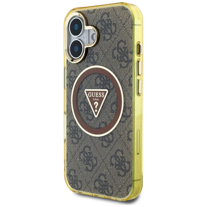 Custodia MagSafe per Apple iPhone 16, Guess, IML Glitter 4G Circle Triangle, Marrone
