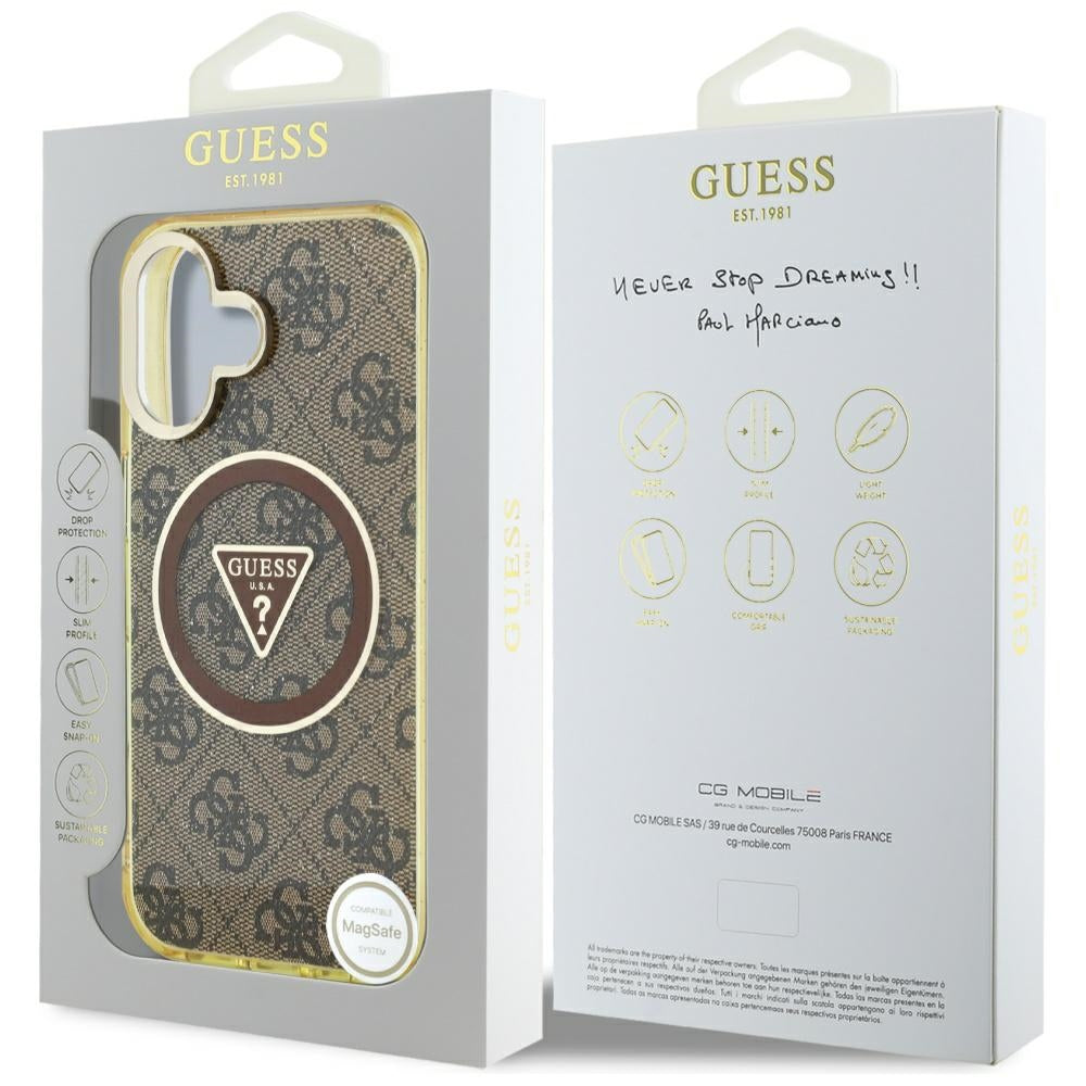 Custodia MagSafe per Apple iPhone 16, Guess, IML Glitter 4G Circle Triangle, Marrone