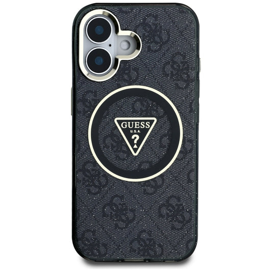 Custodia MagSafe per Apple iPhone 16, Guess, IML Glitter 4G Circle Triangle, Nera