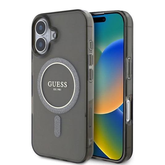 Custodia MagSafe per Apple iPhone 16, Guess, IML Glitter Circle, Nera
