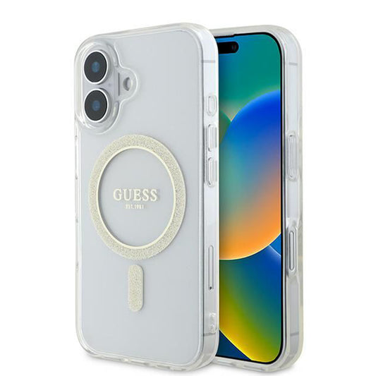 Custodia MagSafe per Apple iPhone 16, Guess, IML Glitter Circle, Trasparente