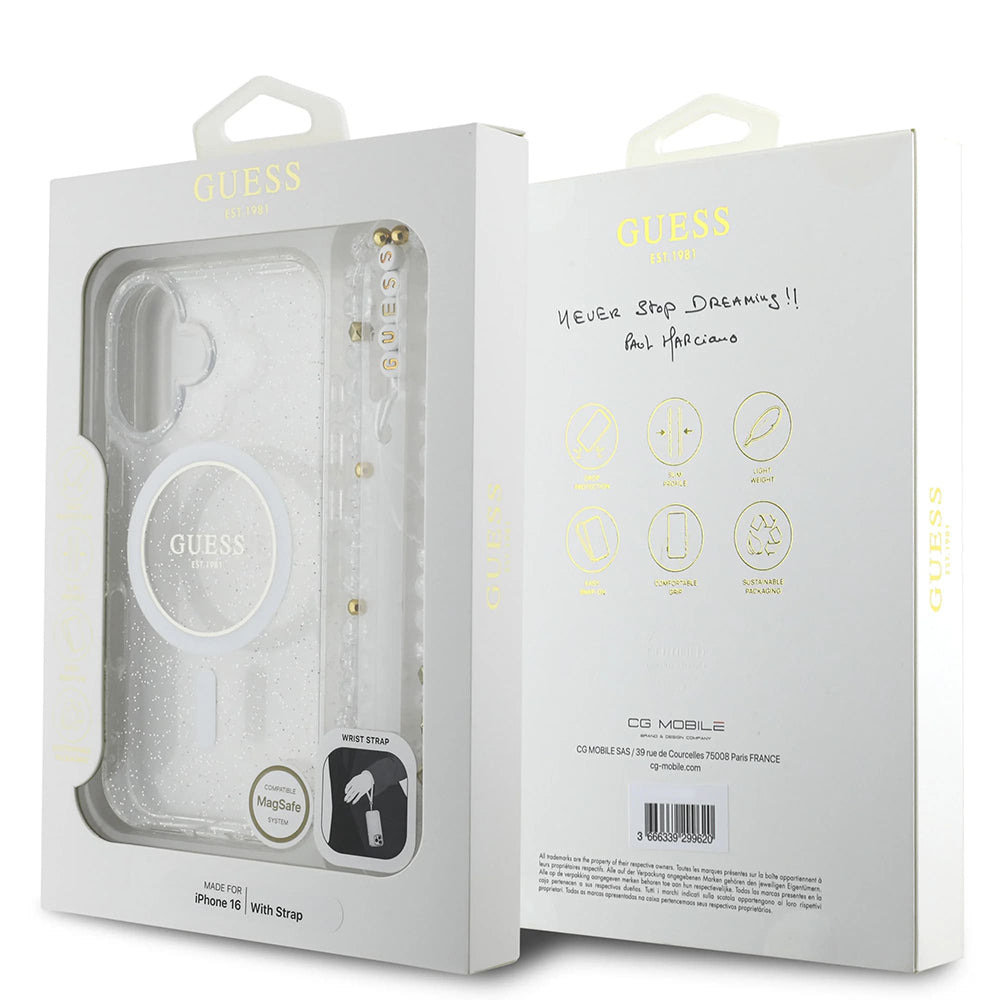 Custodia MagSafe per Apple iPhone 16, Guess, IML Glitter con Cinturino di Perle, Trasparente