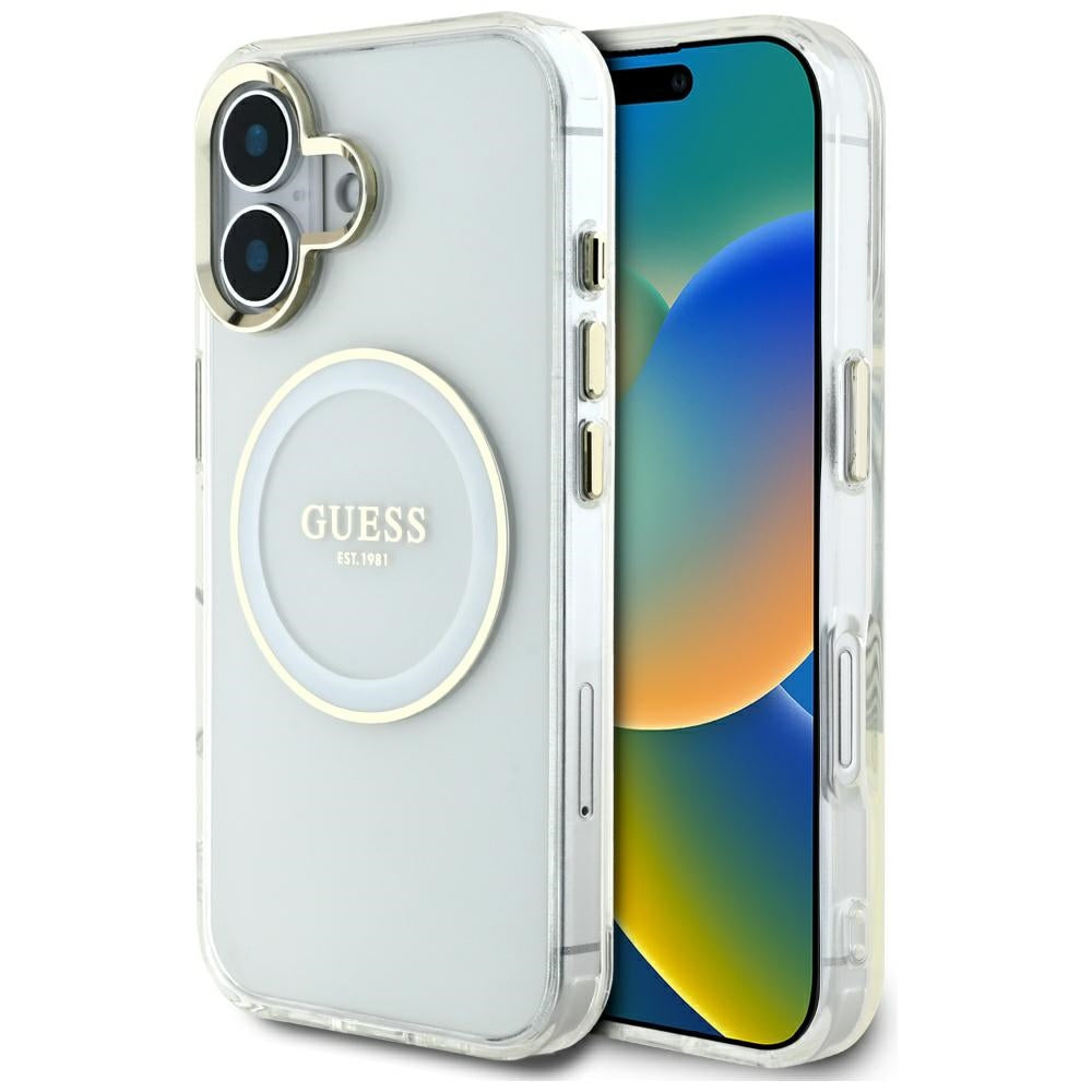Custodia MagSafe per Apple iPhone 16, Guess, IML Metal Colored Circle, Bianca