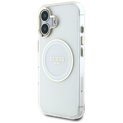 Custodia MagSafe per Apple iPhone 16, Guess, IML Metal Colored Circle, Bianca