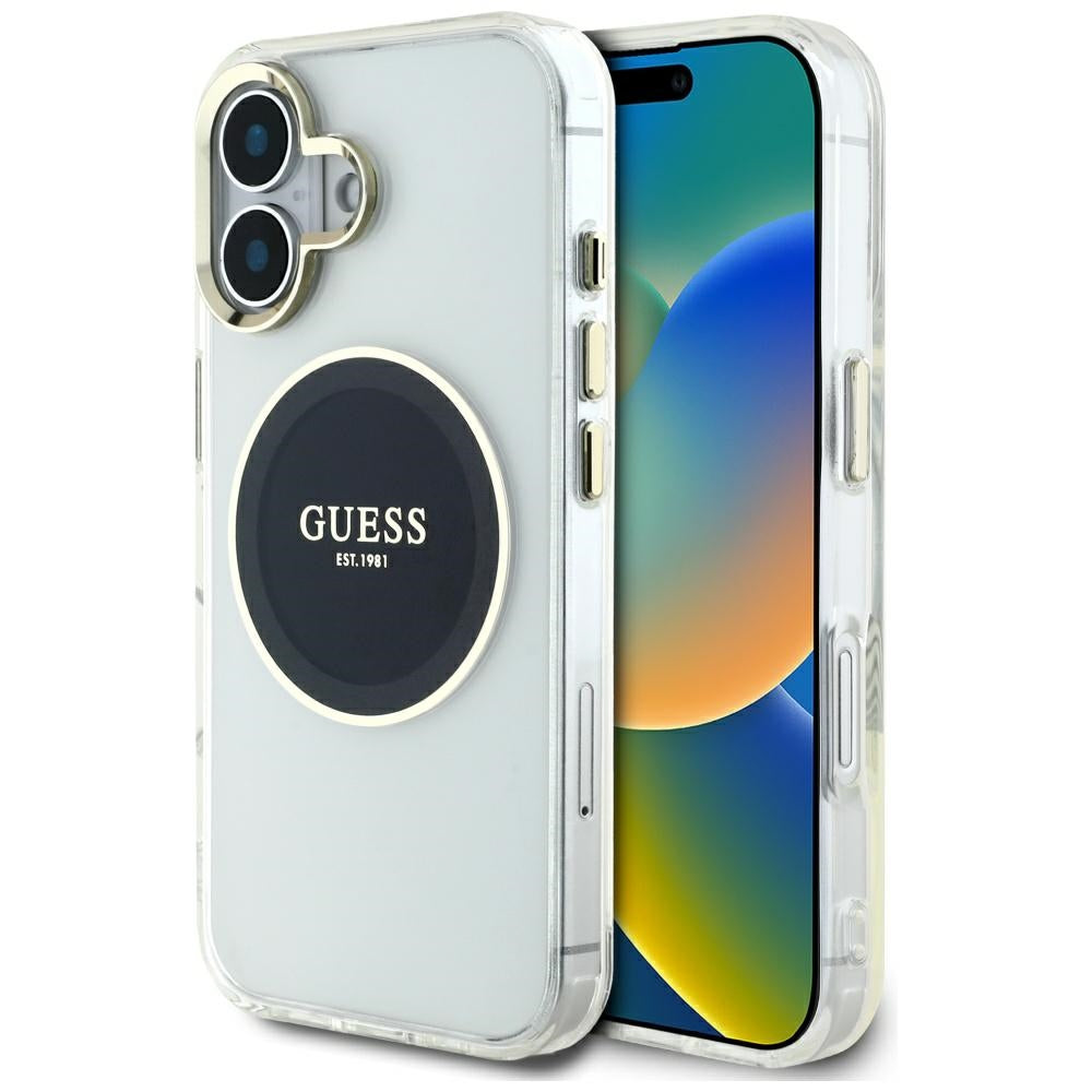 Custodia MagSafe per Apple iPhone 16, Guess, IML Metal Colored Circle, Nera