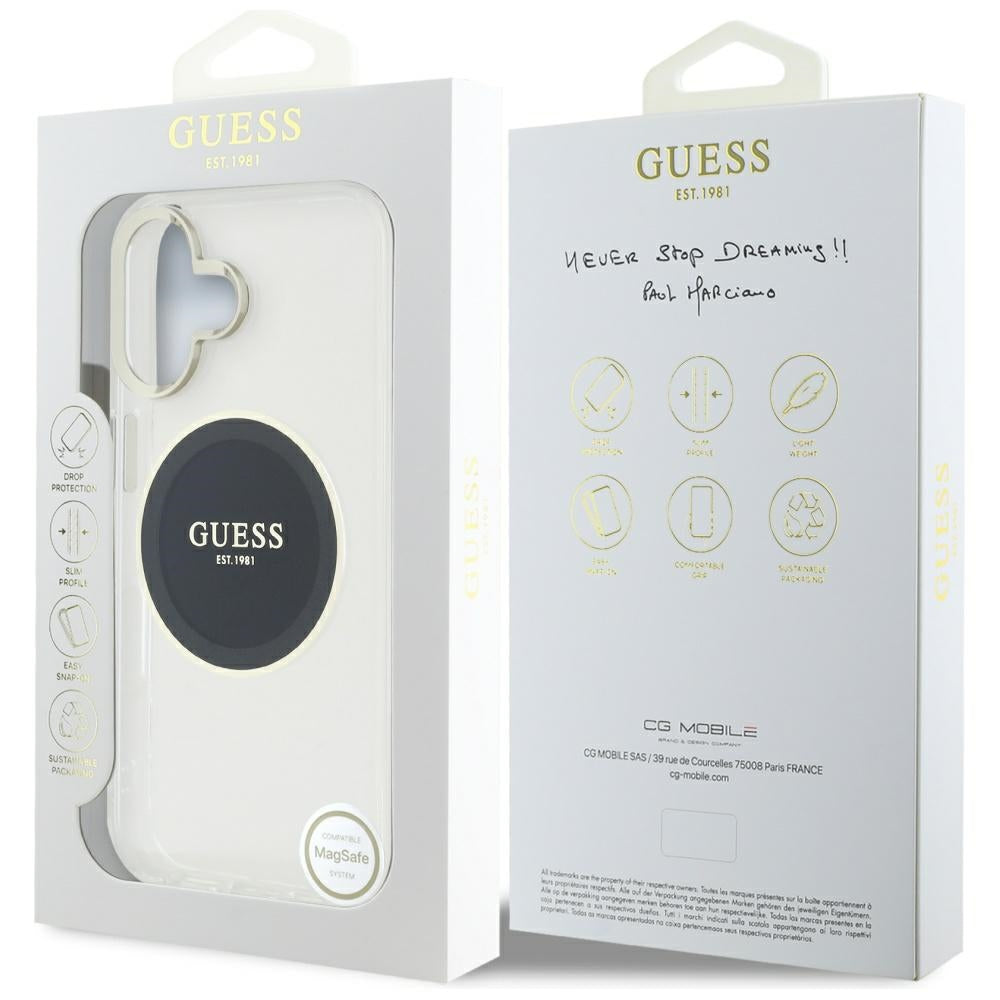 Custodia MagSafe per Apple iPhone 16, Guess, IML Metal Colored Circle, Nera