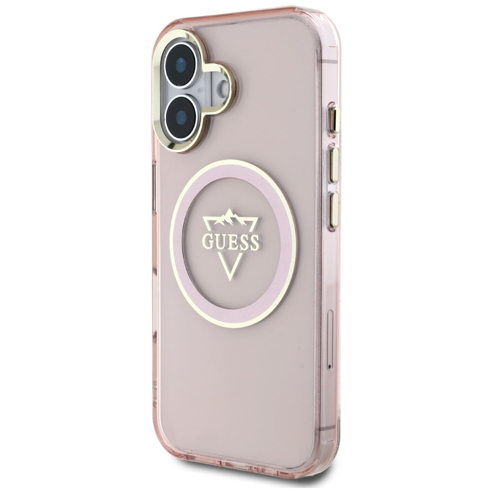 Custodia MagSafe per Apple iPhone 16, Guess, IML Metal Mountain Logo, Rosa