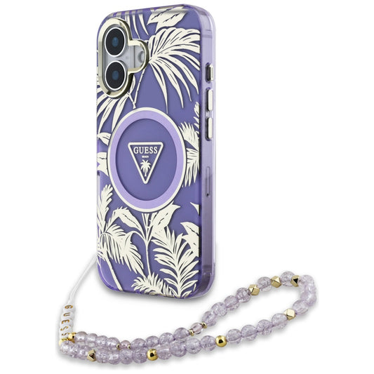 Custodia MagSafe per Apple iPhone 16, Guess, IML Palm Trees Triangle con Cinturino di Perle, Viola