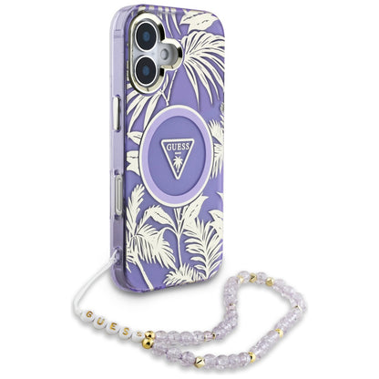 Custodia MagSafe per Apple iPhone 16, Guess, IML Palm Trees Triangle con Cinturino di Perle, Viola