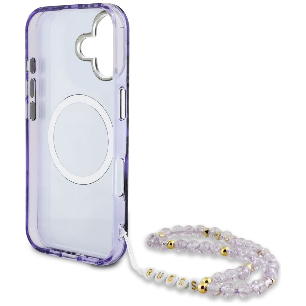 Custodia MagSafe per Apple iPhone 16, Guess, IML Palm Trees Triangle con Cinturino di Perle, Viola