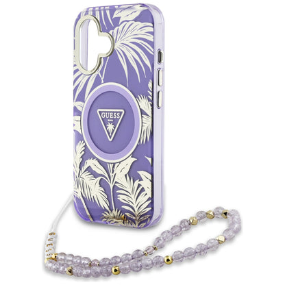 Custodia MagSafe per Apple iPhone 16, Guess, IML Palm Trees Triangle con Cinturino di Perle, Viola