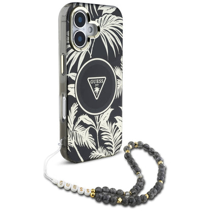 Custodia MagSafe per Apple iPhone 16, Guess, IML Palm Trees Triangle con Cinturino di Perle, Nera