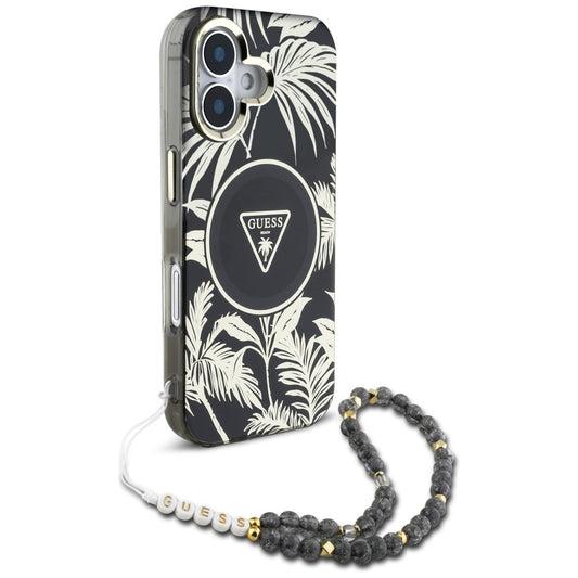 Custodia MagSafe per Apple iPhone 16, Guess, IML Palm Trees Triangle con Cinturino di Perle, Nera