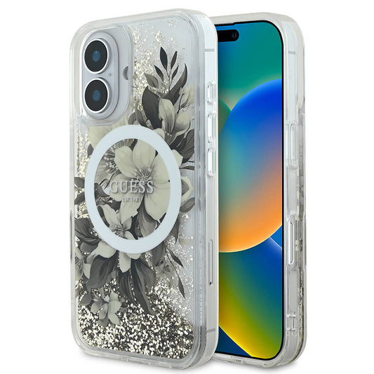 Custodia MagSafe per Apple iPhone 16, Guess, Liquid Glitter Flower, Beige