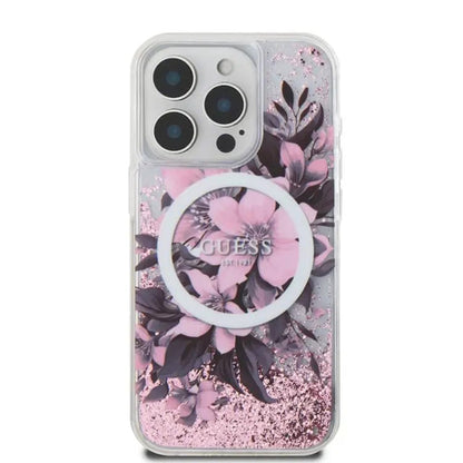 Custodia MagSafe per Apple iPhone 16, Guess, Liquid Glitter Flower, Rosa
