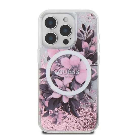Custodia MagSafe per Apple iPhone 16, Guess, Liquid Glitter Flower, Rosa