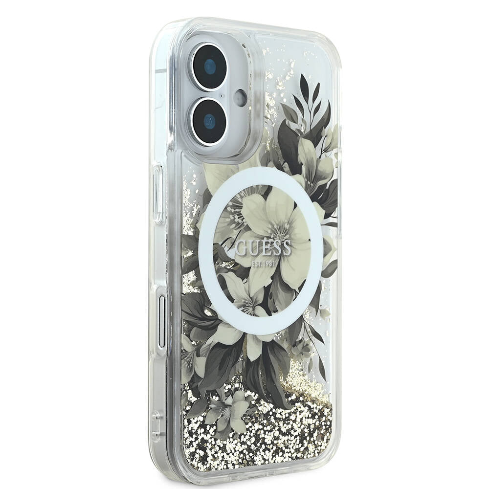 Custodia MagSafe per Apple iPhone 16, Guess, Liquid Glitter Flower, Rosa