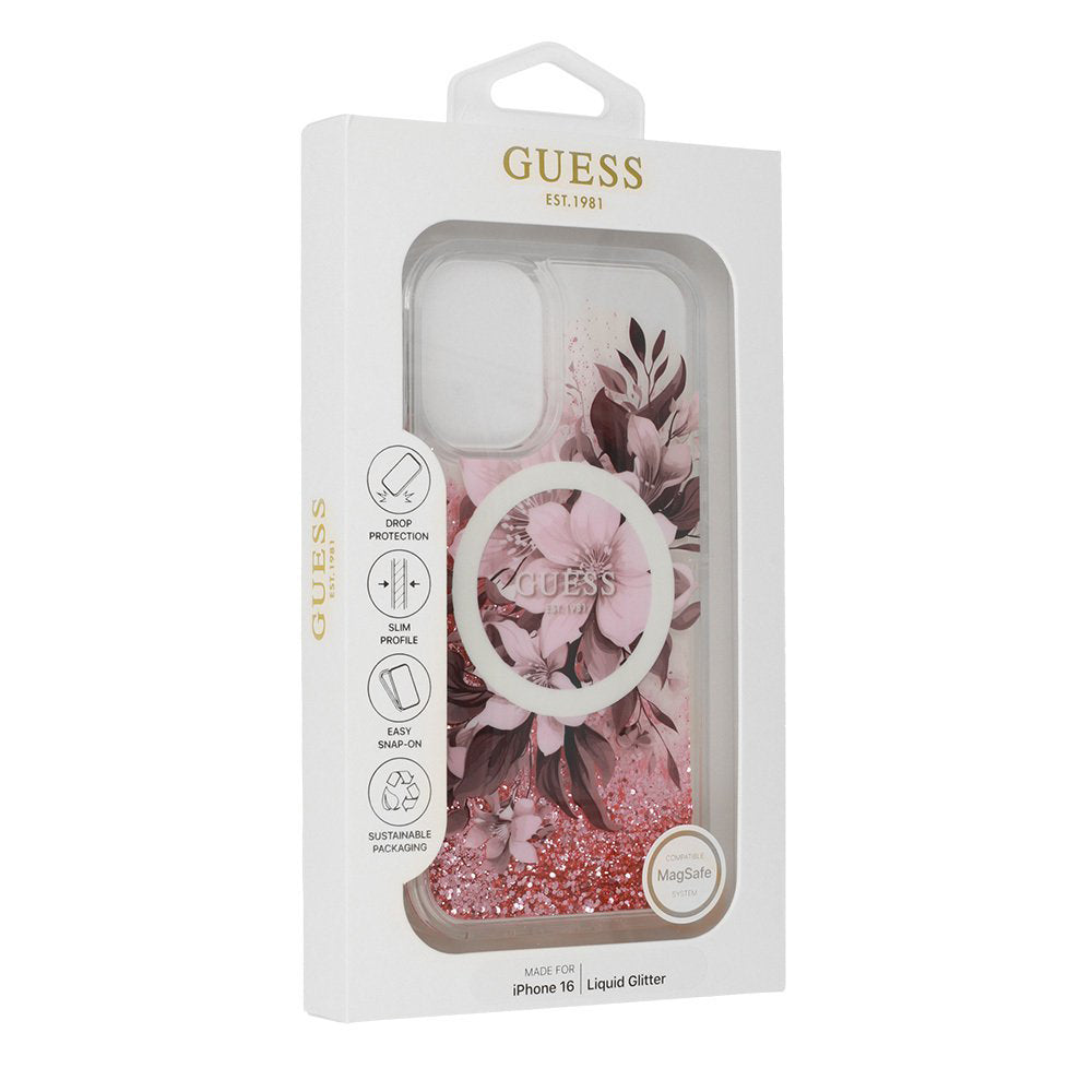 Custodia MagSafe per Apple iPhone 16, Guess, Liquid Glitter Flower, Rosa