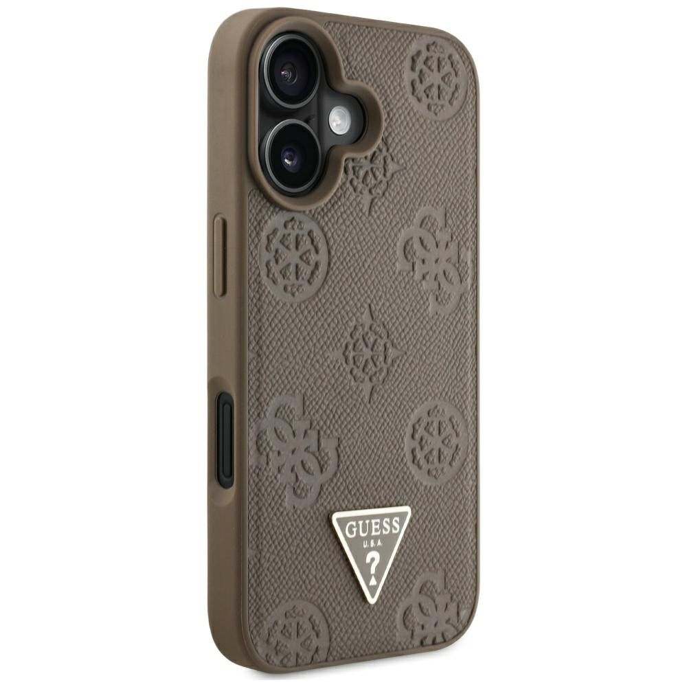 Custodia MagSafe per Apple iPhone 16, Guess, Peony Grained Hot Stamp Triangle, Marrone