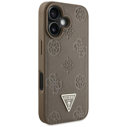 Custodia MagSafe per Apple iPhone 16, Guess, Peony Grained Hot Stamp Triangle, Marrone