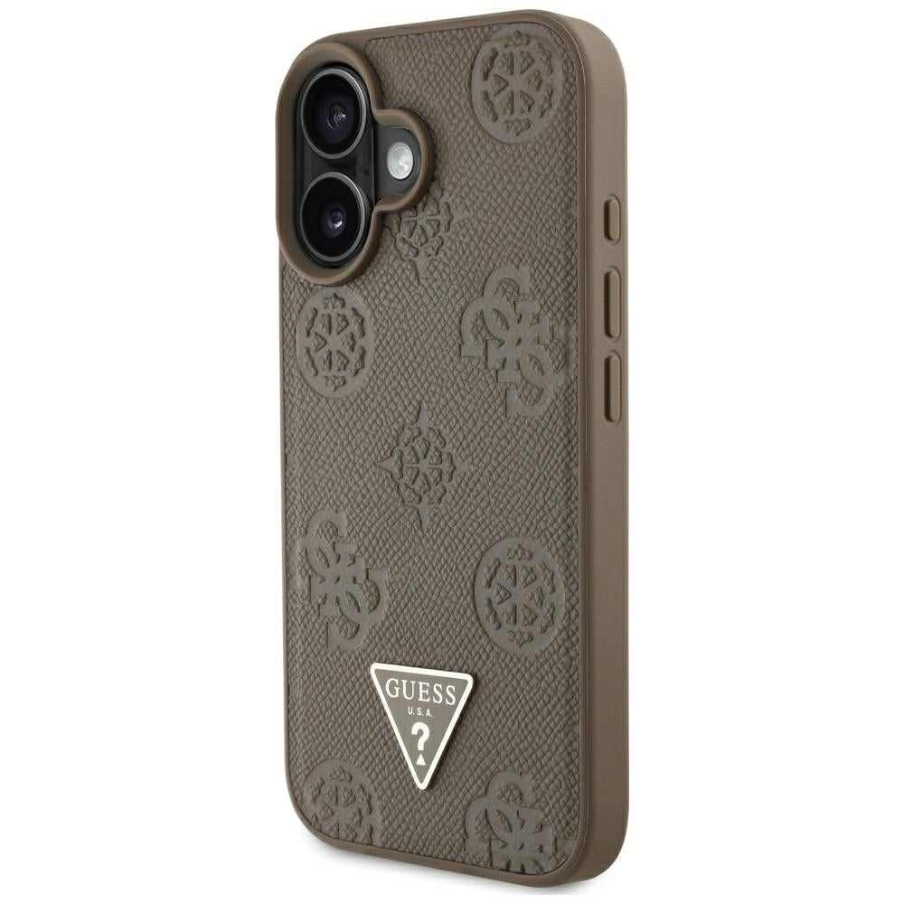 Custodia MagSafe per Apple iPhone 16, Guess, Peony Grained Hot Stamp Triangle, Marrone
