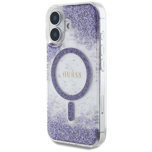 Custodia MagSafe per Apple iPhone 16, Guess, Resin Bottom Glitter, Viola
