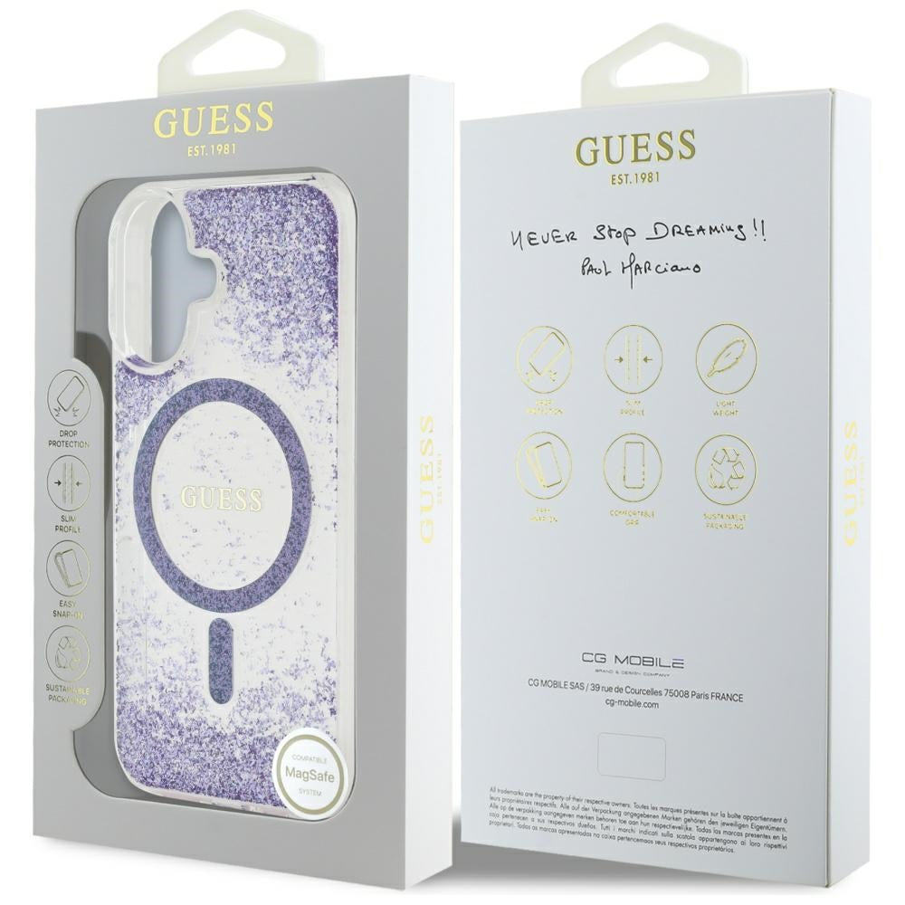 MagSafe Case for Apple iPhone 16, Guess, Resin Bottom Glitter, Purple