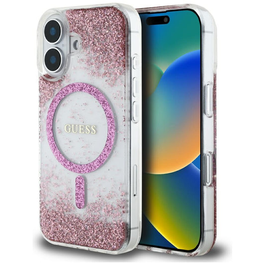 Custodia MagSafe per Apple iPhone 16, Guess, Resin Bottom Glitter, Rosa