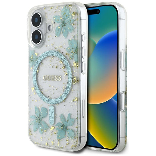 Custodia MagSafe per Apple iPhone 16, Guess, Resin Flowers and Glitter, Turchese