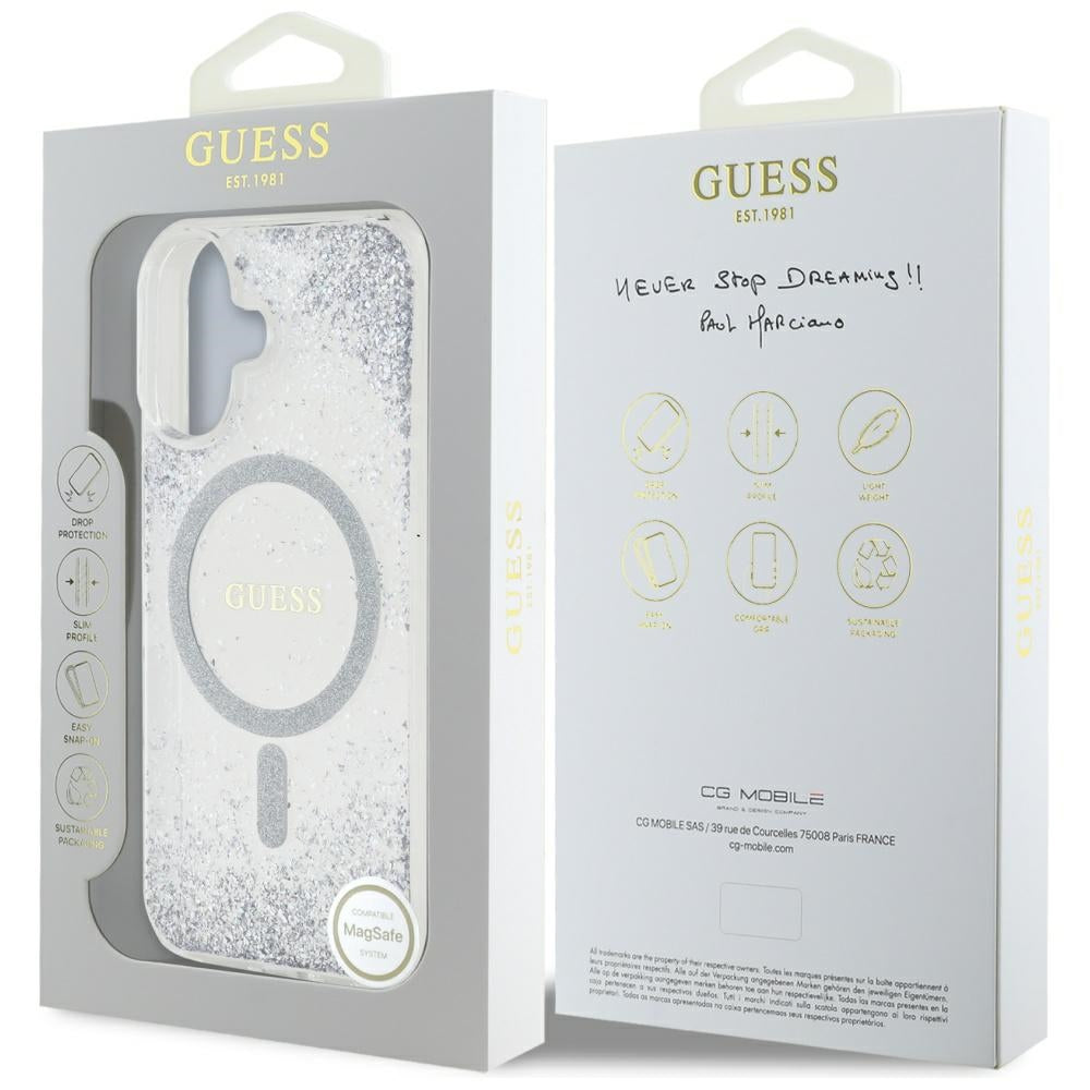 Custodia MagSafe per Apple iPhone 16, Guess, Resin Gradient Glitter, Argento