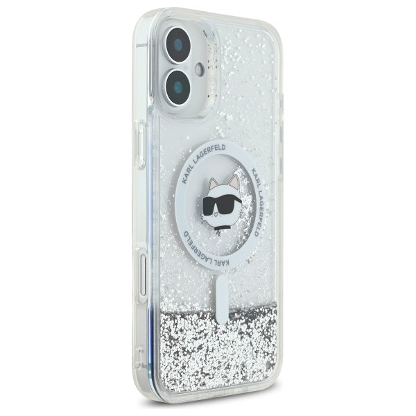 MagSafe Case for Apple iPhone 16, Karl Lagerfeld, Glitter Liquid Choupette Head, Transparent