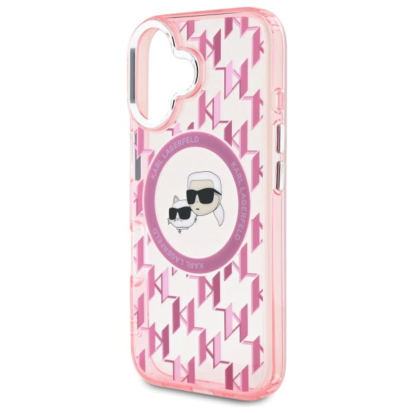 Custodia MagSafe per Apple iPhone 16, Karl Lagerfeld, IML Monogramma Karl & Choupette's Heads, Rosa