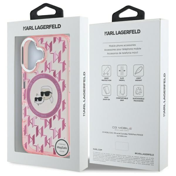 Custodia MagSafe per Apple iPhone 16, Karl Lagerfeld, IML Monogramma Karl & Choupette's Heads, Rosa