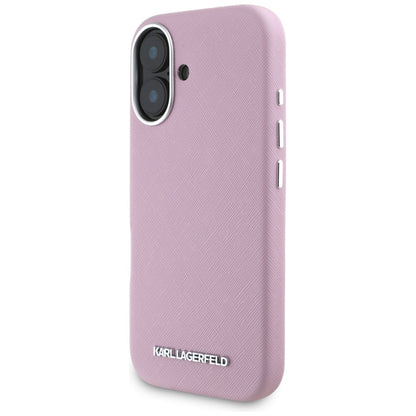 Custodia MagSafe per Apple iPhone 16, Karl Lagerfeld, Saffiano Full Wrapped Elongated Metal Logo, Rosa