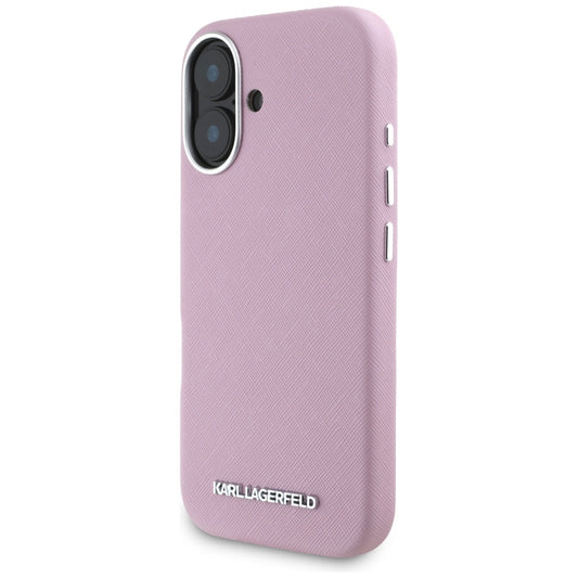 Custodia MagSafe per Apple iPhone 16, Karl Lagerfeld, Saffiano Full Wrapped Elongated Metal Logo, Rosa