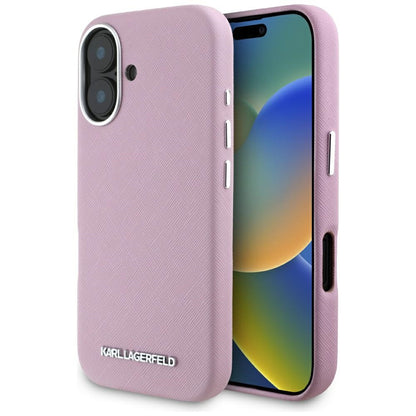 Custodia MagSafe per Apple iPhone 16, Karl Lagerfeld, Saffiano Full Wrapped Elongated Metal Logo, Rosa