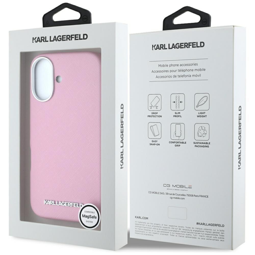 Custodia MagSafe per Apple iPhone 16, Karl Lagerfeld, Saffiano Full Wrapped Elongated Metal Logo, Rosa