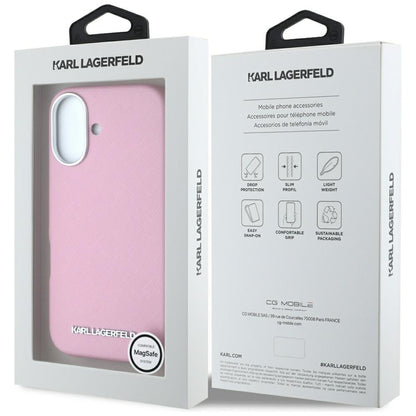 Custodia MagSafe per Apple iPhone 16, Karl Lagerfeld, Saffiano Full Wrapped Elongated Metal Logo, Rosa