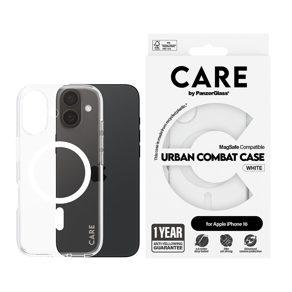 Custodia MagSafe per Apple iPhone 16, PanzerGlass, Care Urban Combat, Trasparente Bianca
