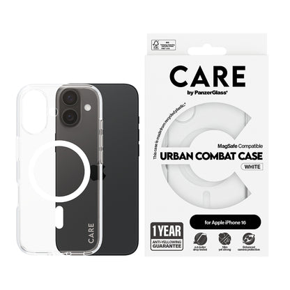 Custodia MagSafe per Apple iPhone 16, PanzerGlass, Care Urban Combat, Trasparente Bianca