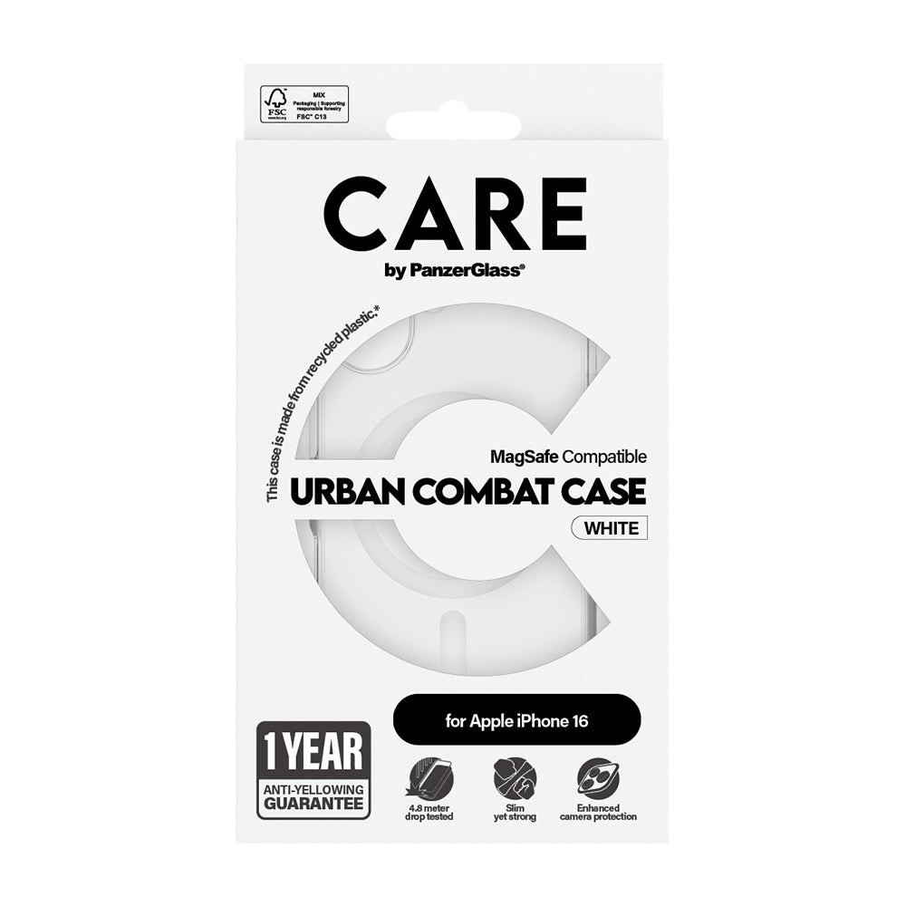 Custodia MagSafe per Apple iPhone 16, PanzerGlass, Care Urban Combat, Trasparente Bianca