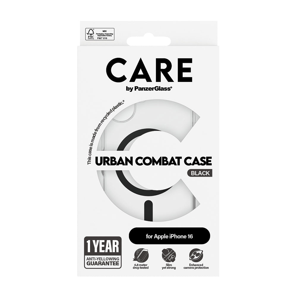 Custodia MagSafe per Apple iPhone 16, PanzerGlass, Care Urban Combat, Trasparente Nera