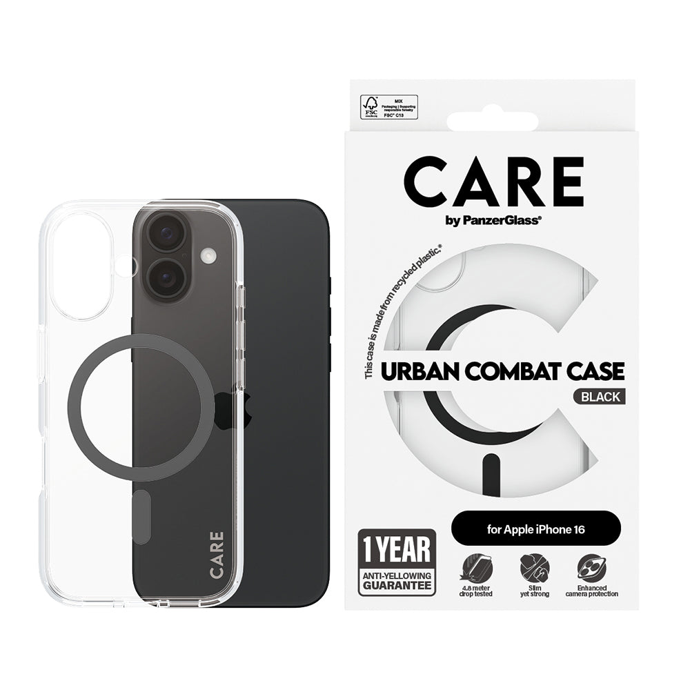 Custodia MagSafe per Apple iPhone 16, PanzerGlass, Care Urban Combat, Trasparente Nera