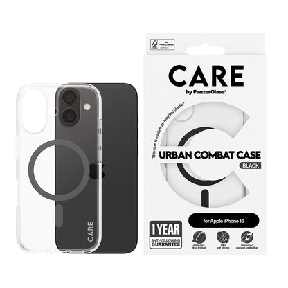 Custodia MagSafe per Apple iPhone 16, PanzerGlass, Care Urban Combat, Trasparente Nera