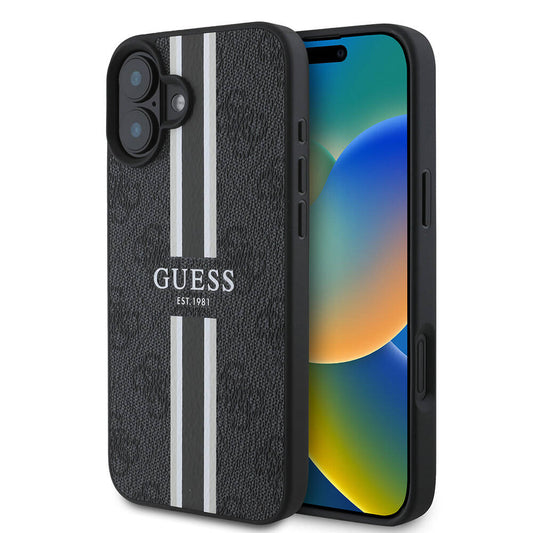 Custodia MagSafe per Apple iPhone 16 Plus, Guess, 4G Printed Stripes, Nera