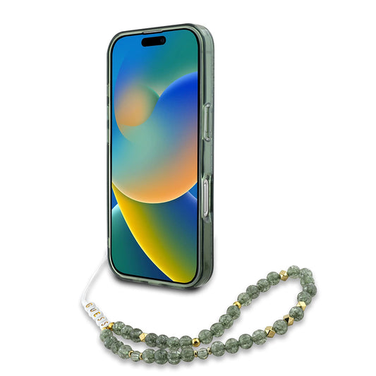 Custodia MagSafe per Apple iPhone 16 Plus, Guess, IML Flowers Allover Electroplated with Pearl Strap, Verde