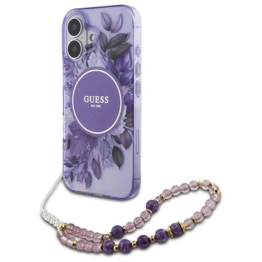 Custodia MagSafe per Apple iPhone 16 Plus, Guess, IML Flowers with Pearl Strap, Viola