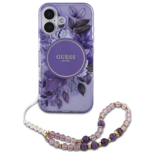 Custodia MagSafe per Apple iPhone 16 Plus, Guess, IML Flowers with Pearl Strap, Viola