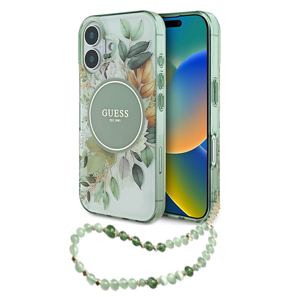 Custodia MagSafe per Apple iPhone 16 Plus, Guess, IML Flowers with Pearl Strap, Verde